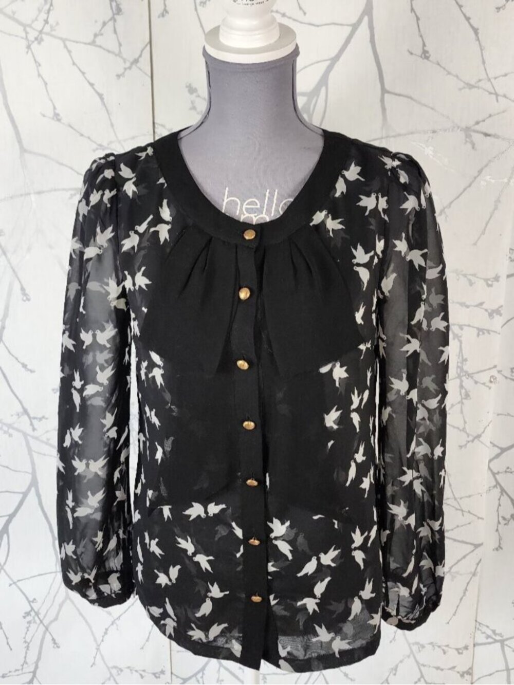 Max C London Black Birds Printed Sheer Button Front Blouse